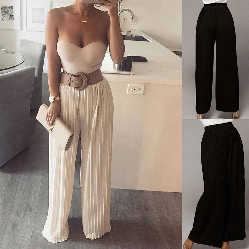 

Summer Women Casual Pants Sexy Pleated Loose Wide Leg Trousers