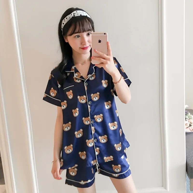 

Tinyear Female Satin Short Sleeve Cute Bear Korean Style Loose Thin Comfortable Home Sleep Set Summer