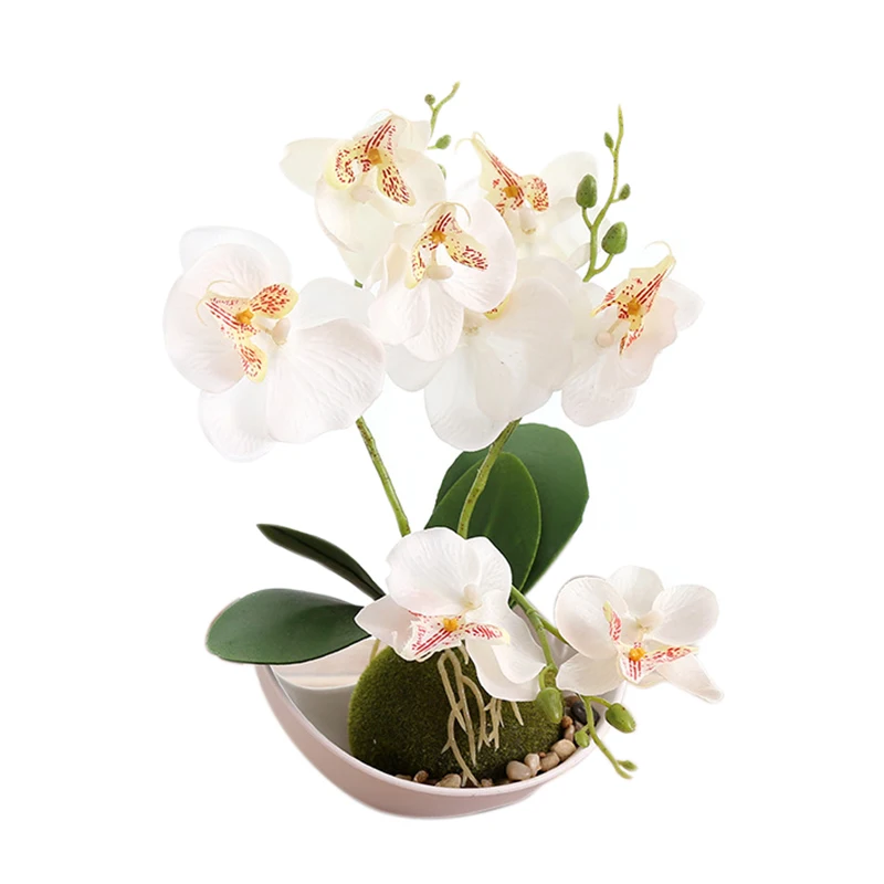 

Trigeminal Phalaenopsis Simulation Bonsai Artificial Plant Flower + Pot Decorative Flower Set Home Table Bedroom Accessory(Wit