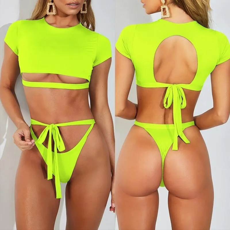 

Leopard Yellow Bikini Crop Top Short Sleeve Sexy Female Swimsuit Women Bathing Suit 2019 Hollow Out Push Up Swimwear Beach Wear