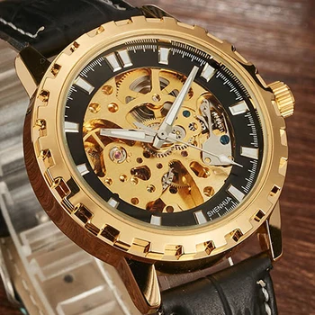 

Fashion Men Automatic Mechanical Watch Steampunk Skeleton Self Wind Roman Numbers Luminous Hands Leather Wrist Clock reloj montr