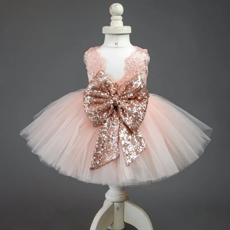 Baby Kids Flower Girls Bow Sequins Tulle Tutu Dress Princess Party Wedding Gown
