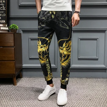 

Casual Men Dragon Printing Pants Drawstring Mens Joggers Hip Hop Trousers Men Clothes 2019 Summer New Slim Fit Harem Pants Men