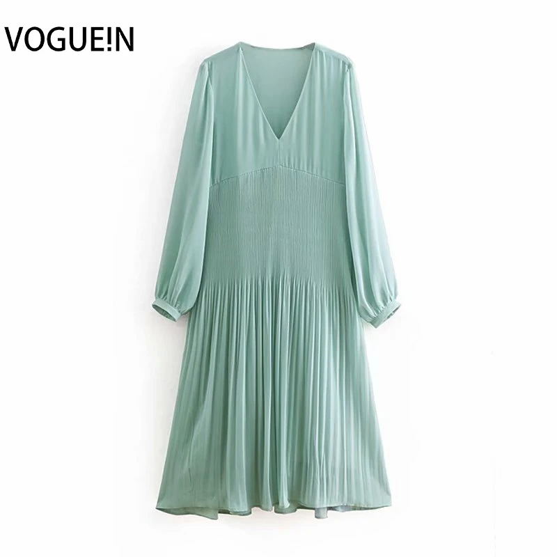 

New Womens Casual V-Neck Long Sleeve Light Green Pleated Chiffon Midi Dress