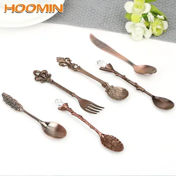 

HOOMIN 6 Pieces/set Vintage Royal Style Spoon and Fork Set for Coffee Tea Milk Dessert Fruit Flower Carved Spoon Tableware Sets