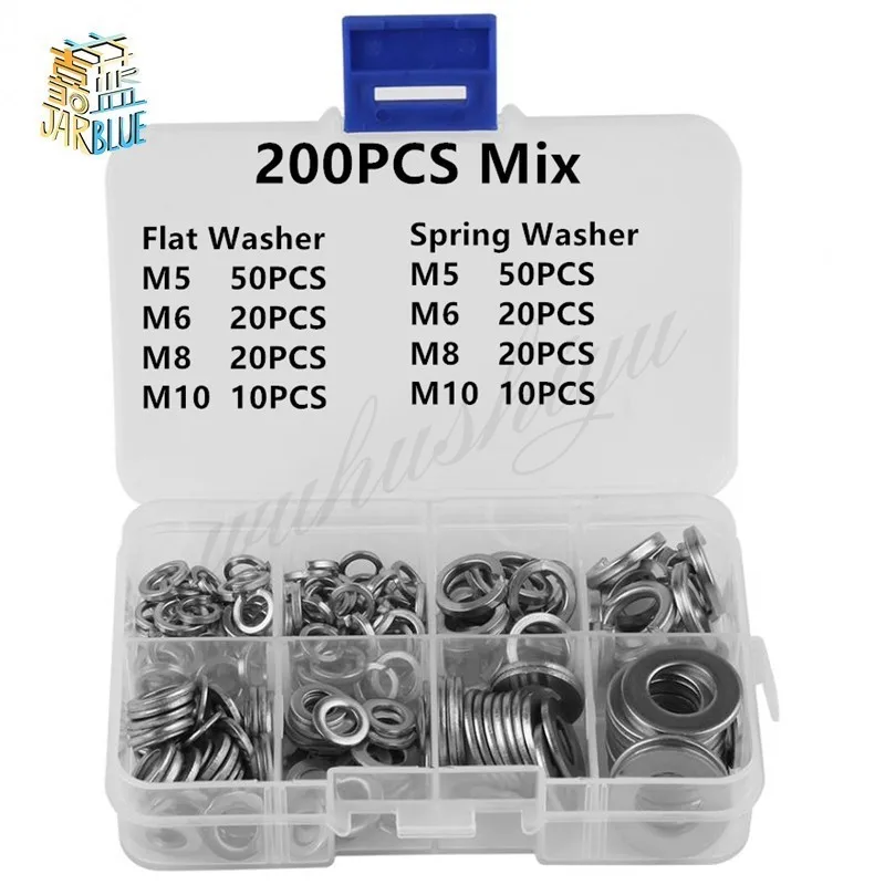 200 unids/set plana de acero inoxidable y la arandela de resorte surtido conjunto Kit de herramientas de bloqueo M5 M6 M8 M10 fijación Hardware con caja