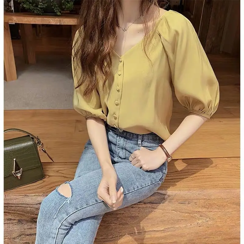 

Spring shirts Korean-Style Fashion Loose Chiffon Shirt Short Sleeve yellow Tops chiffon blouse Shirt Solid Color
