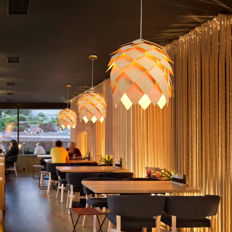  OAK Wooden Pinecone Pendant Lights Hanging Wood modern Lamps Dinning Room Restaurant Retro Fixtures - 32973360447