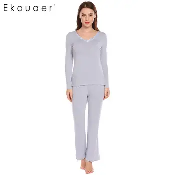 

Ekouaer Women Long Pajamas Sets V-Neck Long Sleeve Split Hem Nightshirt with Pj Long Pant Pajamas Set Comfortable Rayon Clothes