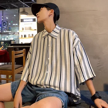 

Summer New Dress Shirt Men Fashion Striped Casual Shirt Man Streetwear Trend Wild Hip Hop Loose Short-sleeved Shirt Male Clothes