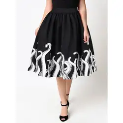 Готические винтажные элегантные черные летние OL женские плиссированные юбки Aline Goth печати уличная пляжная Женская мода миди юбка