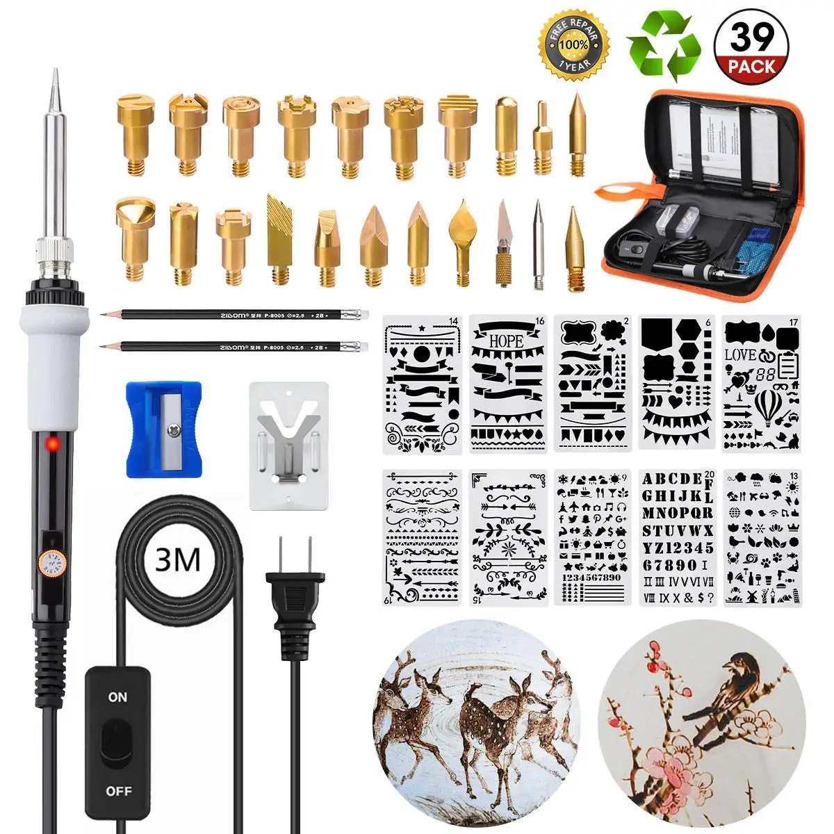 

39Pcs 60W Adjustable Temperature Pyrography Pen Wood Burning Pyrography Kit Work Bag Soldering Tools Electric Soldering Irons