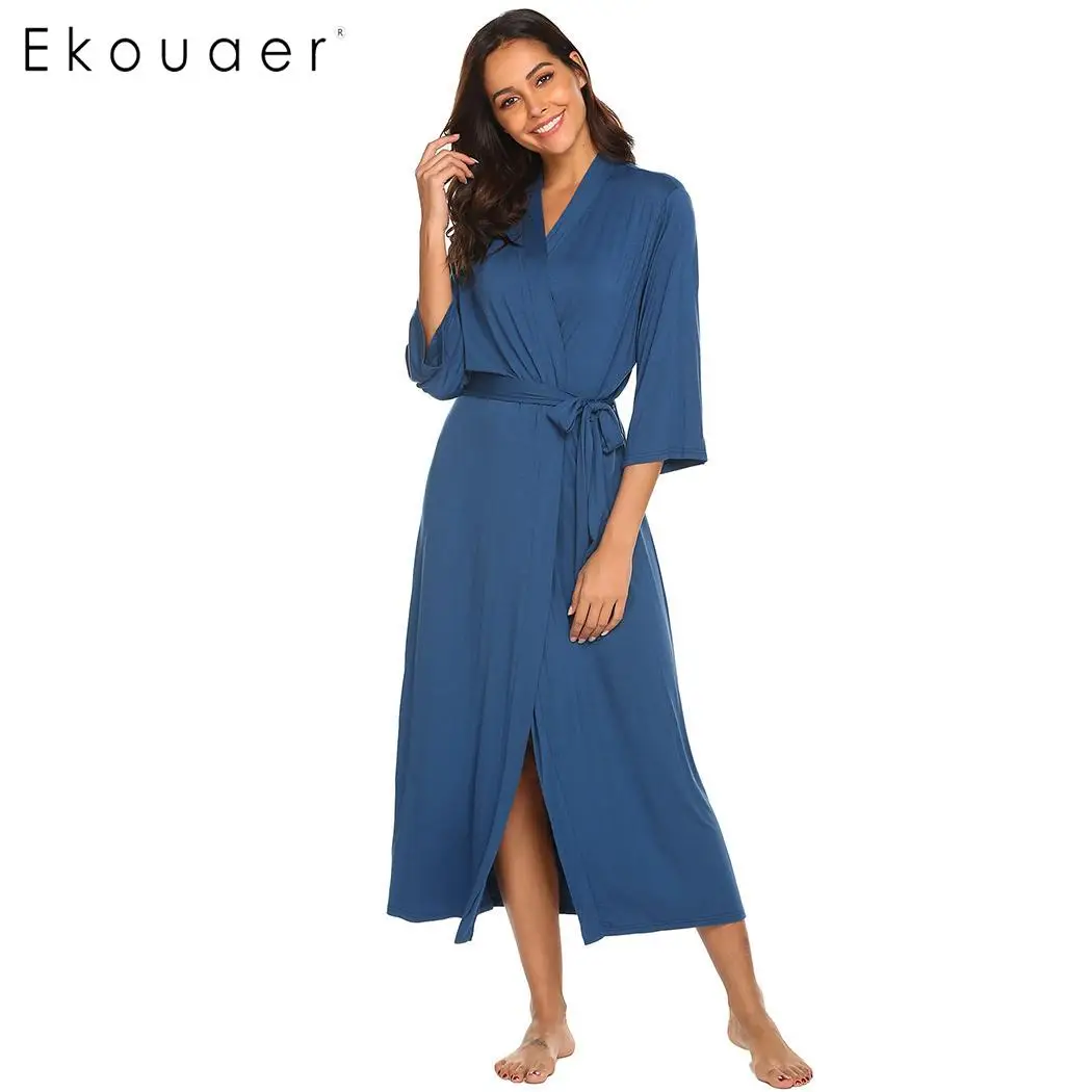 Ekouaer Long Robe Dressing Gown V Neck Long Sleeve Robe Sleepwear