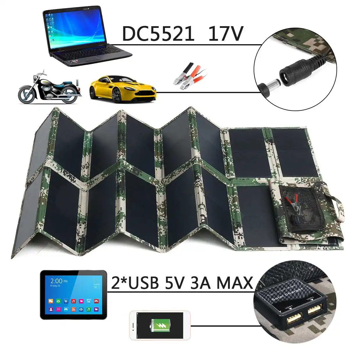 

17V 100W Folding Foldable Waterproof Solar Panel Charger Mobile Power Bank 2 USB Port 5V 3A DC5521 For Phone Laptop Car Outdoor