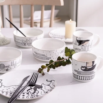 

White Animal Ceramic Cartoon Kid Food Plate Dish Rice Salad Bowl Dessert Plate Tableware Set Porcelain Rice Bowl Coffee Mug Gift
