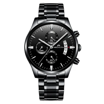 

MEGALITH Sports Chronogra Men's Watch Luxury Waterproof Date Calendar Quartz Wrist Watches Mens Black Steel Strap Military Clock