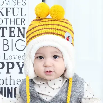 

Children's Warm Winter Thick Knit Kids Cute Hat Baby Comfortable Plush Protect Ear Stylish Anti-Pilling Striped Bee Pattern Hat