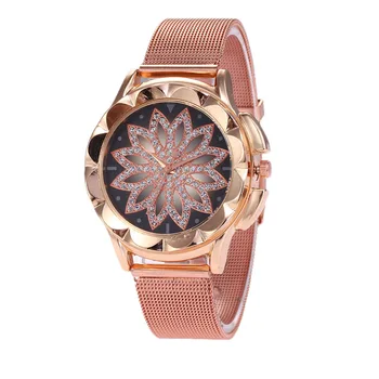 

Lotus Flower Rhinestone Gold Alloy Watches Fashion Simple Women Mesh Watch Casual Wrist Watch For Christmas Gift