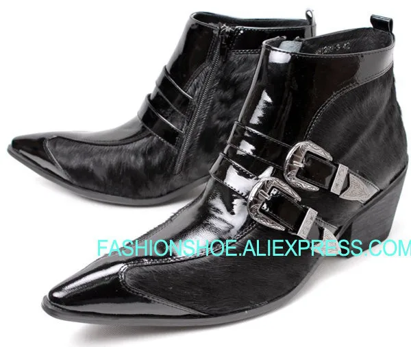 

Black Horehair Mens Boot for men Fashion Genuine leather Pointed toe Slip on Low heels Dress Wedding Boots Male Shoes size 38-46