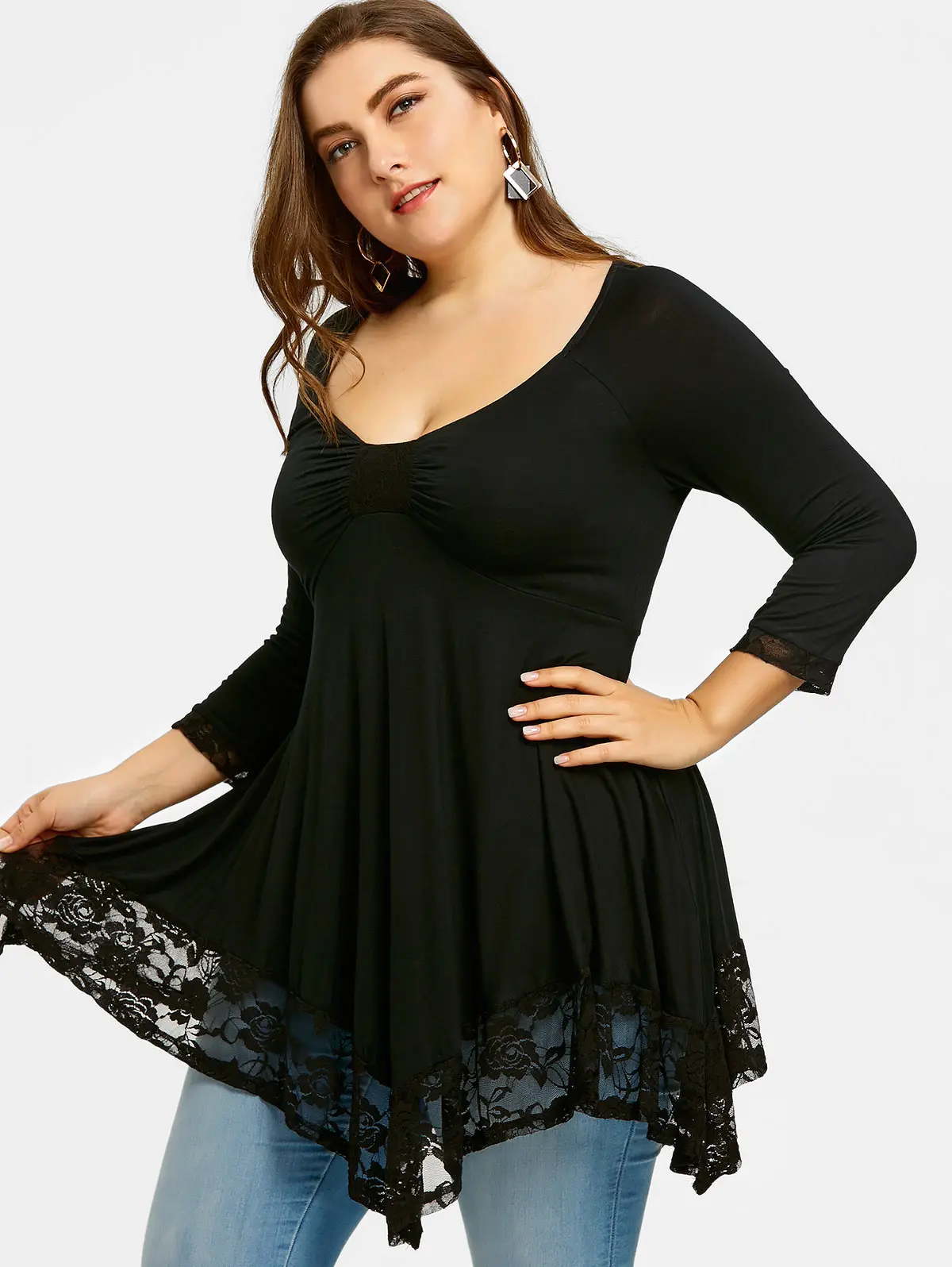  Wipalo Plus Size 5XL Empire Waist Handkerchief T-Shirt Women Spring Lace Trim Women Casual Black As