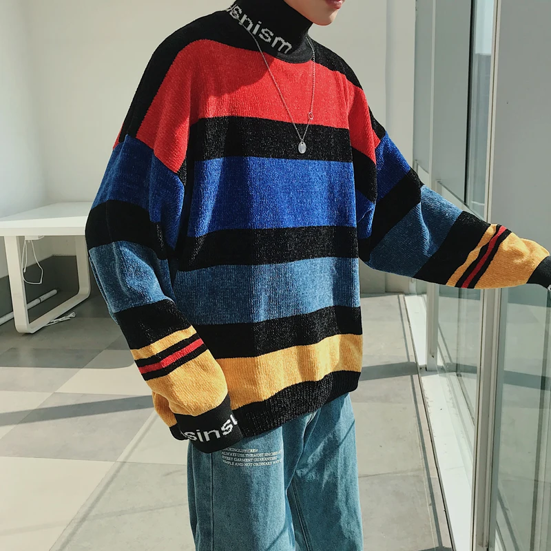 #Special Offers new Spring and winter Men's Warm Woolen Sweaters Brand Pullover Casual Knitting Loose Stripe Printing Cashmere Turtleneck M-2XL