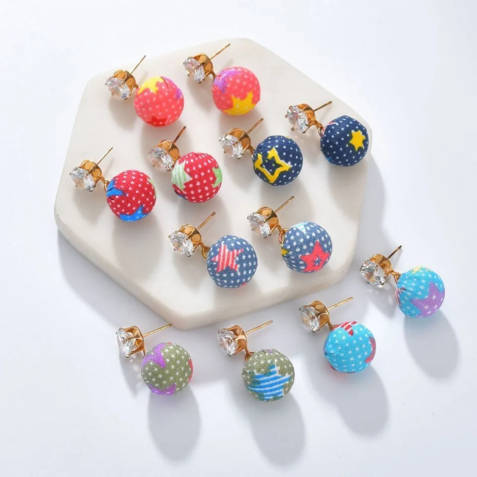 

Korean Style Drop Earrings Rhinestone With Printed Cloth Wrapped Alloy Ball Earrings Trendy Handmade Earings Wedding Jewelry