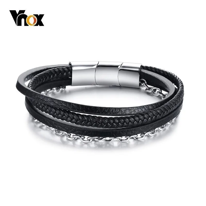 

Vnox Mash Up Real Leather Stainless Steel Link Chain Bracelet For Men Genuine Leather Adjustable Magnet Clasp Punk Male Pulseira