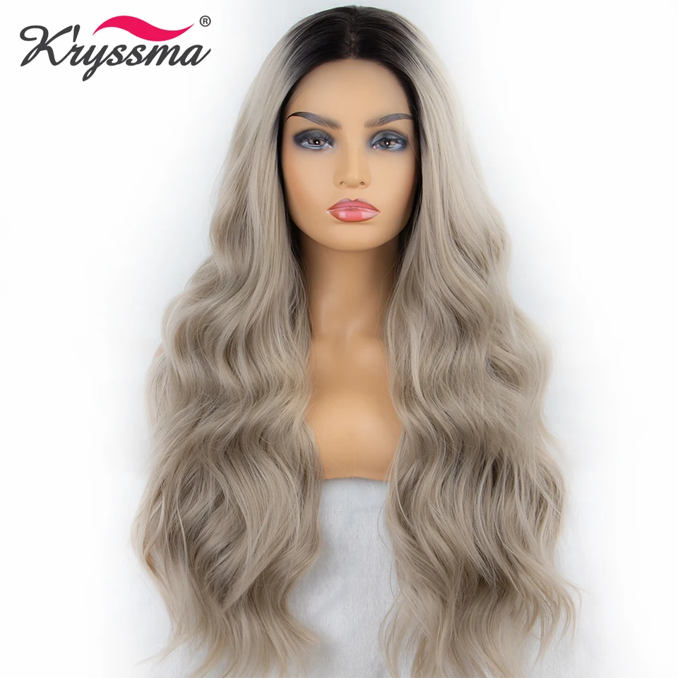 Platinum Blonde Wig Synthetic Lace Front Ombre Wig Dark Roots Long