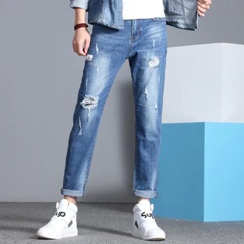 

Spring New Jeans Men Stretch Slim Fashion Wash Casual Tear Hole Denim Pants Man Streetwear Hip Hop Trousers Male Clothes