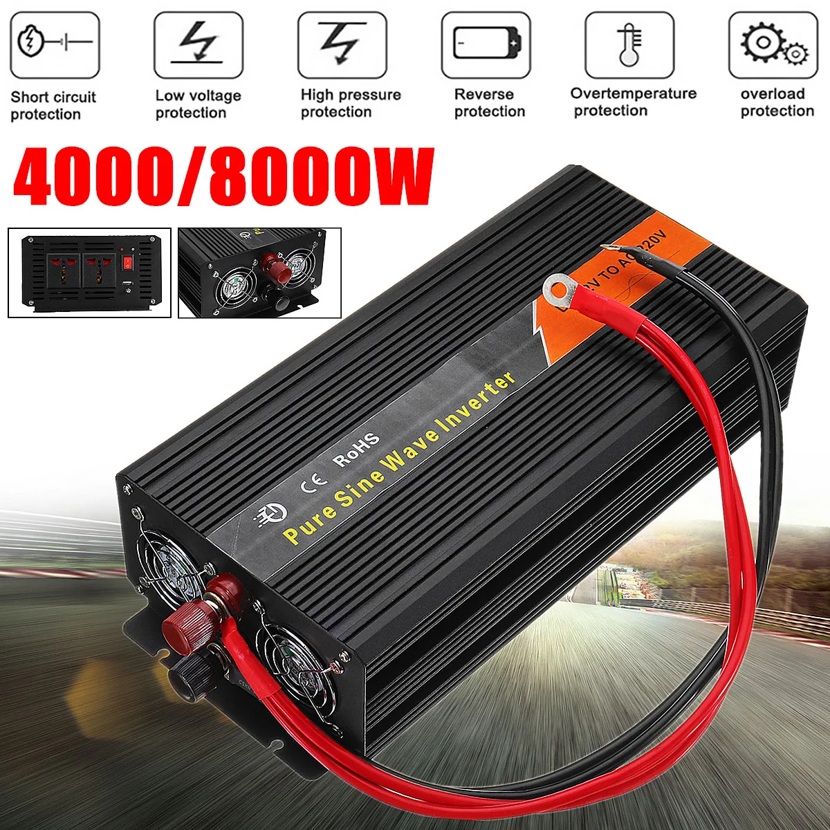 

4000/8000W Car Power Inverter Pure Sine Wave DC 12V To AC 220V Charger Converter Voltage Transformer Over-load-Protection