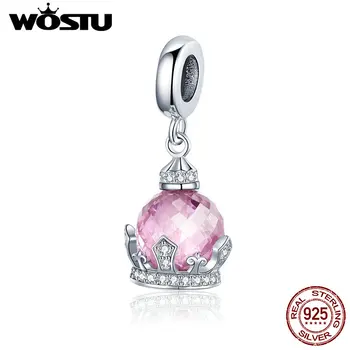 

WOSTU 925 Sterling Silver Pink Crown Lucky Charms Crystal Bead Fit Original Bracelet Necklace Charms For Jewelry Making CQC1132
