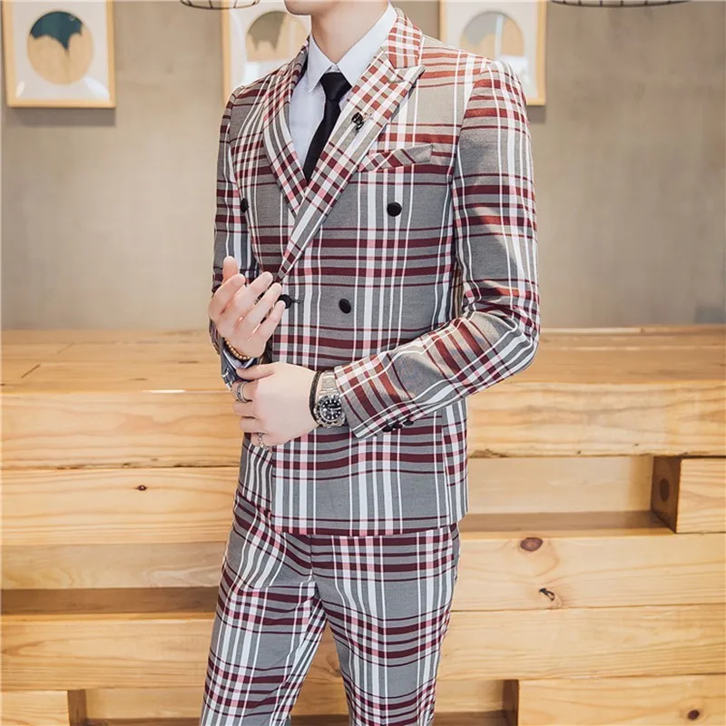 Suits Men British Latest Coat Pant Designs Mens Suit Slim Fit Plaid Stage Performance Wedding Dress Tuxedos Suits Men British Latest Coat Pant Designs Mens Suit Slim Fit Plaid Stage Performance Wedding Dress Tuxedos