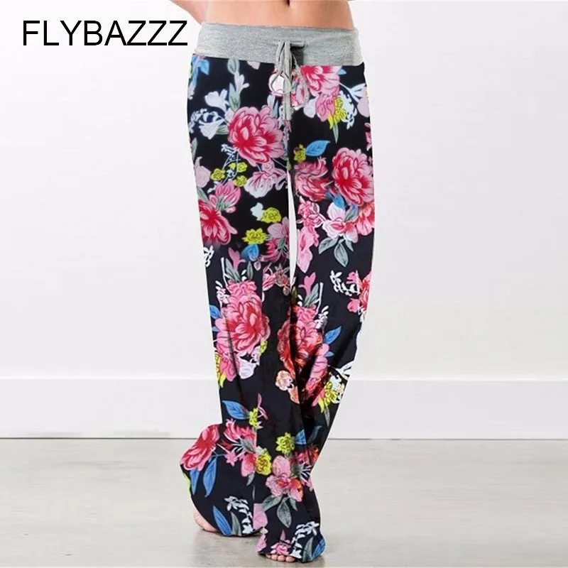 Women Print Boot Cut Pant High Waist Elastic Wide Leg Pants Lace