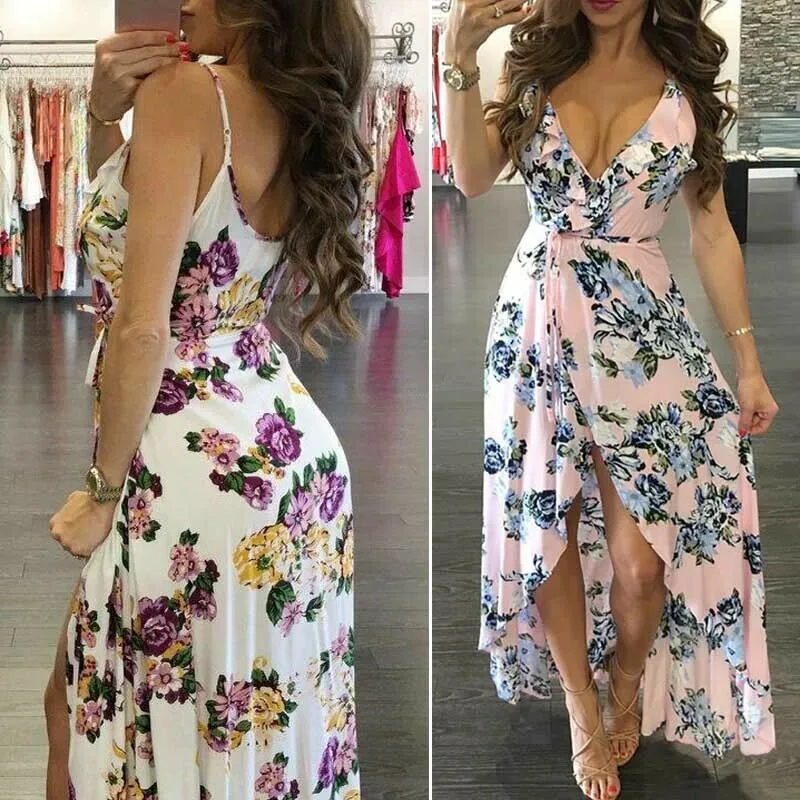 Женское длинное платье с цветочным принтом Boho Пляжное Платье Макси без рукавов