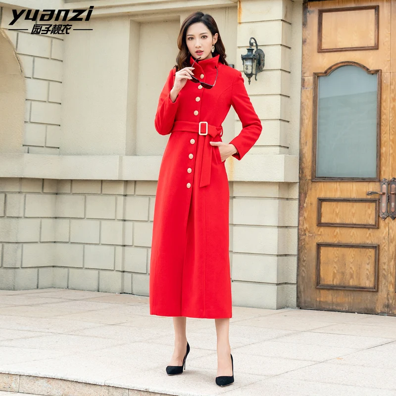 Новое модное шерстяное пальто женское 2019 Осень-Зима красное шерстяное пальто с воротником-стойкой однобортное длинное тонкое пальто