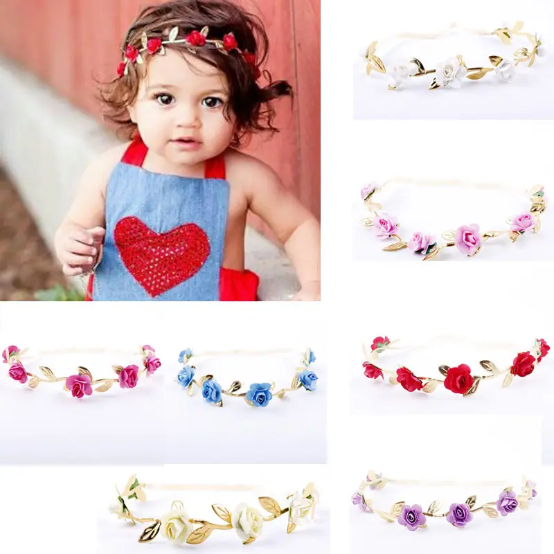 

Crown Headband Baby Girl Kids Garlands Gold Leaves Hair Band Rose Flower Wreath