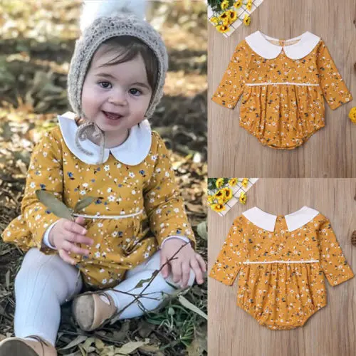 

Autumn Long Sleeve Yellow Floral Clothes Peter Pan Collar Jumpsuit Cute Outfits Newborn Infant Baby Girl Cotton Bodysuit
