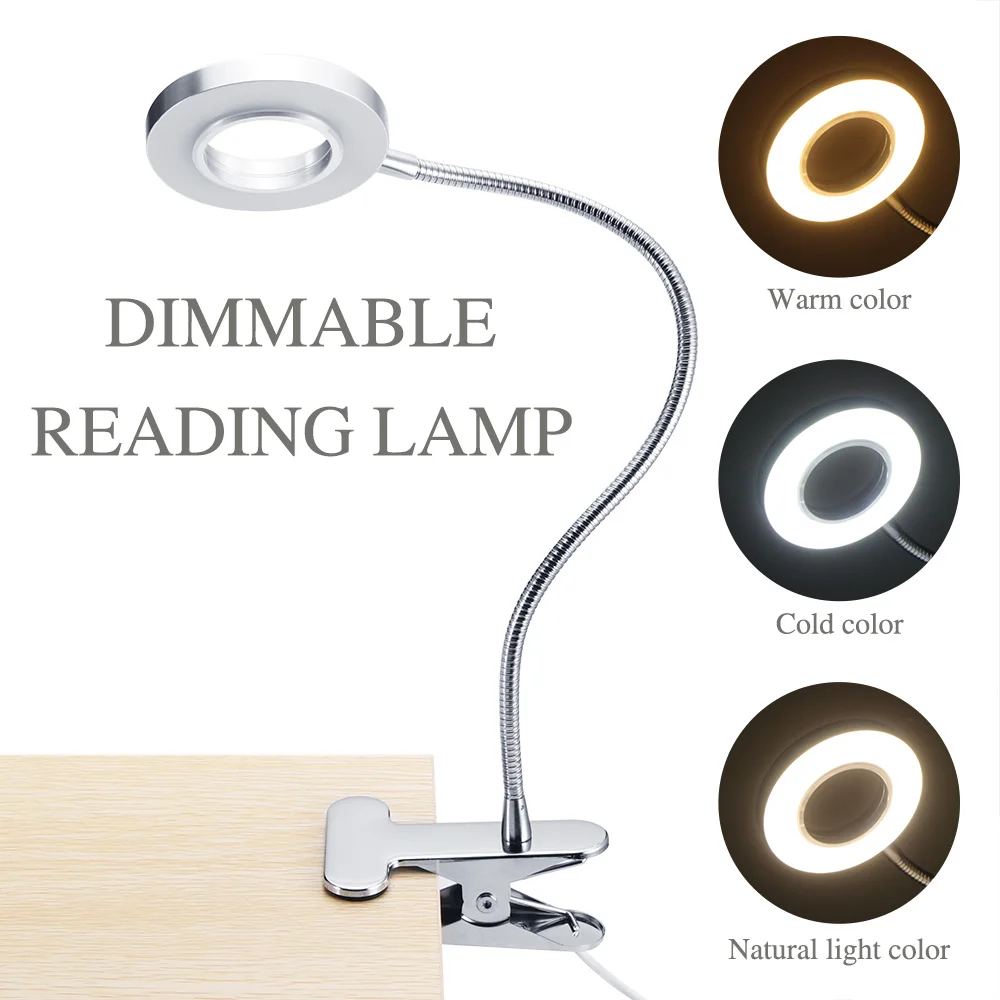 Светодиодный настольный светильник для чтения с зажимом для защиты глаз, USB Перезаряжаемый с затемнением, цветовая температура, для чтения, для красоты, макияж