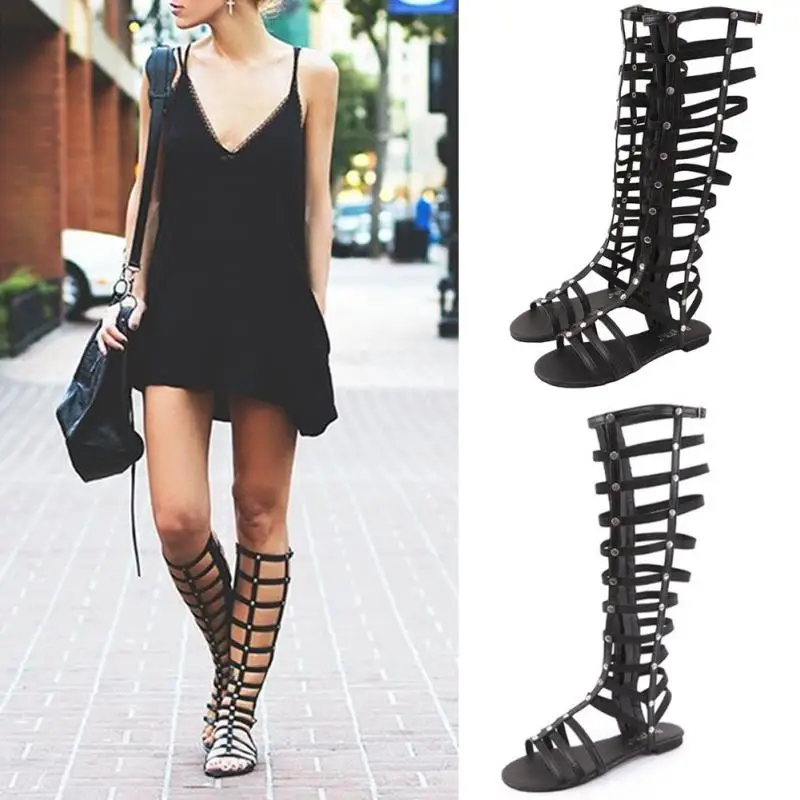 Women Shoes Gladiator Sandals Strappy Flat Knee High Long Zip Up Boots