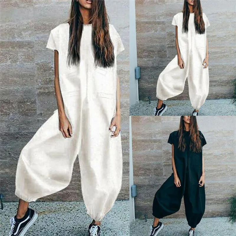 

Women clubwear summer playsuit casual loose O neck short sleeve new holiday fashion party jumpsuit trousers