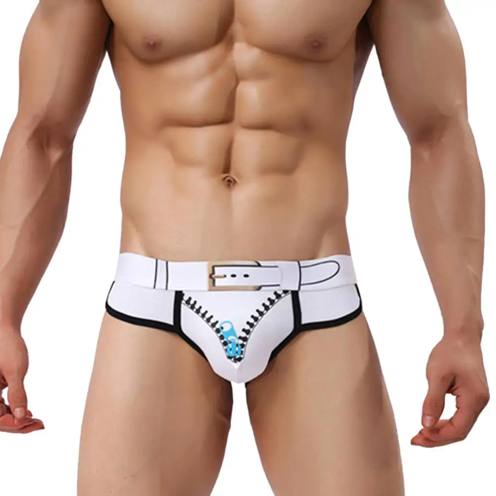 MISSKY Men Briefs Underwear Sexy Belt Zipper Pattern Printing Cotton