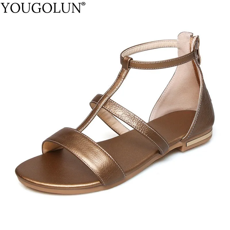 

Cow Leather Flat Sandals Women Summer A193 Lady T-Strap Casual Sandal Woman Buckle Apricot Black White Champagne Open Toe Shoes