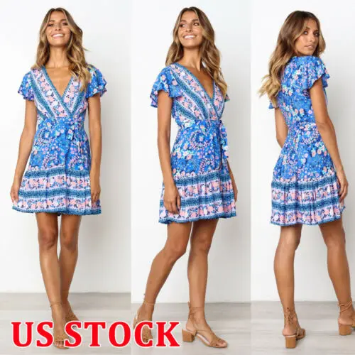 

2019 Summer Womens Boho Floral Dress Short Sleeve V-Neck Party Beach Sundress New