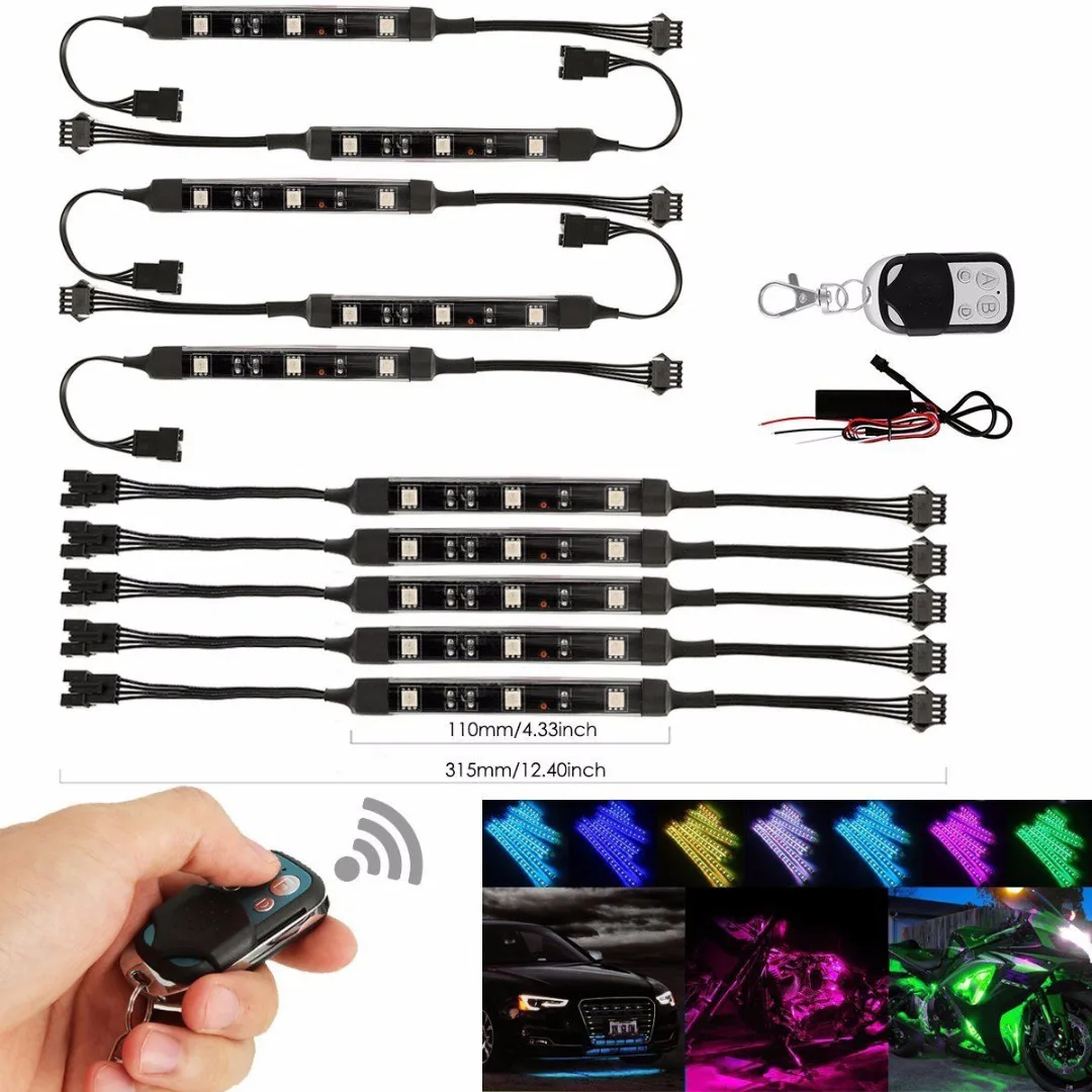 

Treyues 12V 10pcs Motorcycle LED Under Glow Neon Strip Atmosphere Light Kit Remote Control
