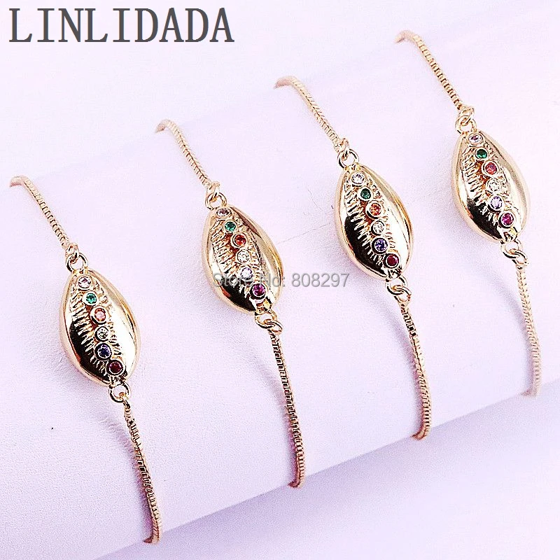 

10Pcs New Arrival Gold Color Multi-color Cubic Zirconia Micro Pave Conch Shell CZ Adjustable Chain Bracelets