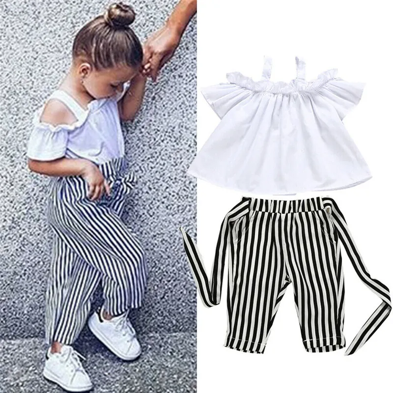 

Fashion Kids Baby Girl Outfits Summer Clothes Off Shoulder White T-shirt Tops+Striped Harem Pants 2Pcs Girl Party Sets 2-6Years