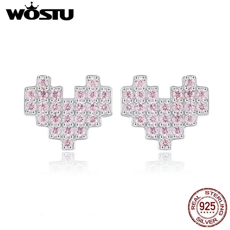 

WOSTU Authentic 100% 925 Sterling Silver Pink Heart Stud Earrings For Women Engagement Party Romantic Simple Jewelry Gift CQE472
