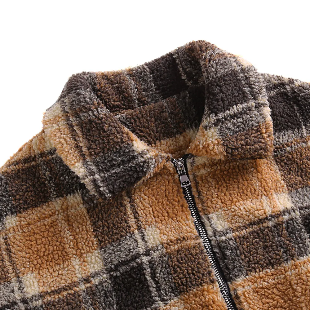 low cost Jacket Women Winter Zipper Short Plaid Jacket Turn Down Collar Long Sleeve Female Clothes Jackets C