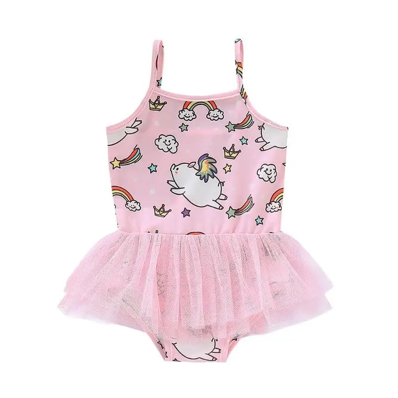 

One Piece Swimwear Sling Mesh Swimsuit Kid Girl Cute Pig Print Bathing Suit