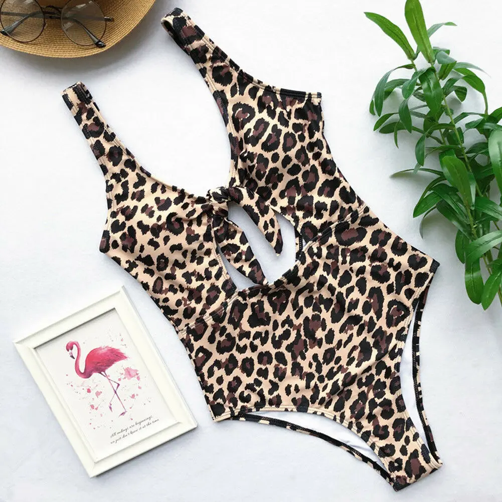 

Sexy Woman Leopard Swimsuit Bandage Bodycon Hole Out Swimwear Beachwear Bathing Suit One Pieces Costume
